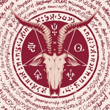Vektör afiş bir boynuzlu keçi ve bir daire içinde yazılı pentagram Başkanı gösterimi ile. Satanizm Baphomet sembolü retro tarzı bir daire içinde yazılı eski el yazması arka plan üzerinde