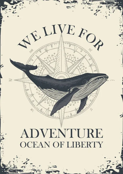 Векторний банер з великим мальованим китом і компасом — стоковий вектор
