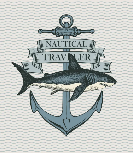 Retro banner s kotvící lodí a žralokem z rukou — Stockový vektor