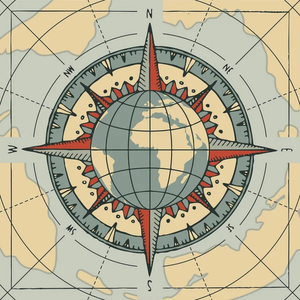 Compass Wind Rose och Globe Planet Earth — Stock vektor