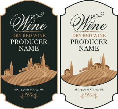 Avrupa kırsal manzara ile şarap etiketleri kümesi