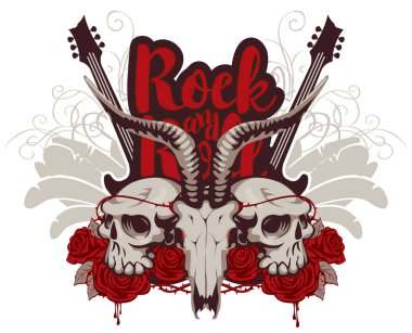 Rock'n roll afiş gitar, kafatasları ve gül ile