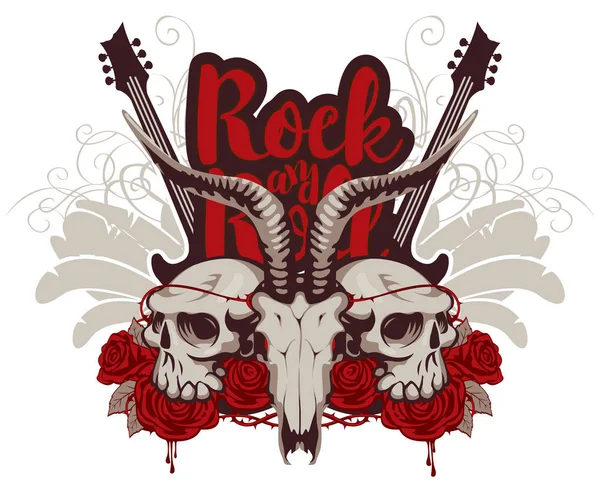 Ροκ εν ρολ πανό με κιθάρα, κρανία και τριαντάφυλλα — Διανυσματικό Αρχείο