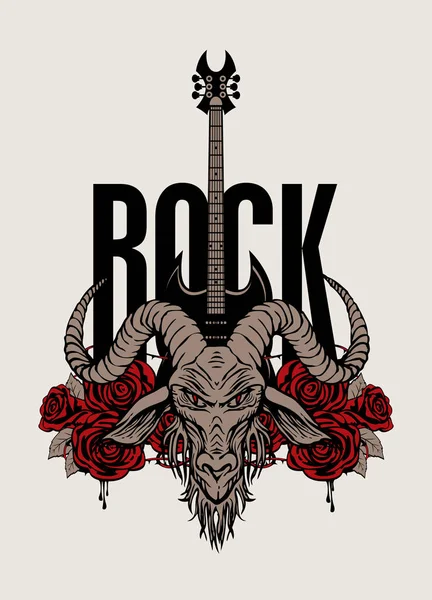 摇滚横幅与山羊头，吉他和玫瑰 — 图库矢量图片