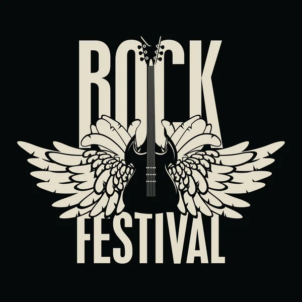 Nápis rockový festival s kytarou a křídlama — Stockový vektor