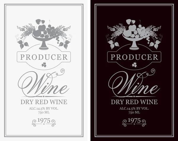 Étiquettes de vin avec bol de fruits, baies et lilas — Image vectorielle