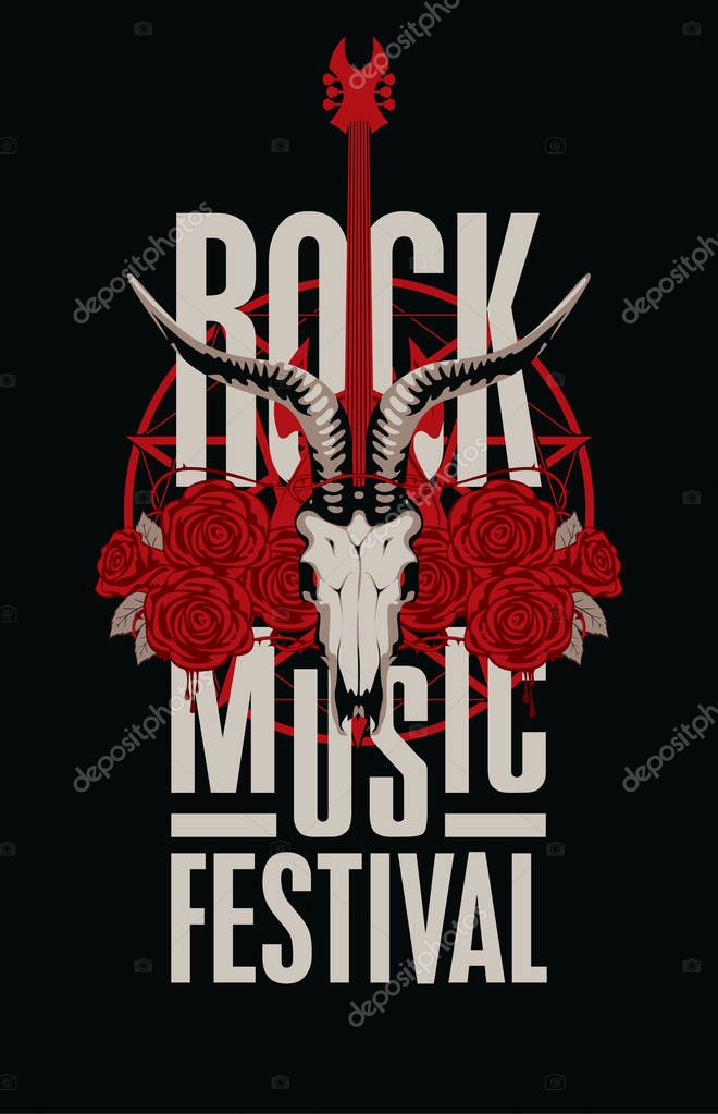 Vector banner or emblem with words Rock music festival decorated with goat skull, electric guitar and red roses with barbed wire. Creative illustration for t-shirt design in modern style