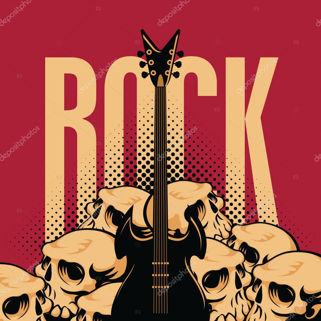 Vector music banner on the Rock theme decorated with electric guitar and human skulls. Creative illustration for t-shirt design in modern style