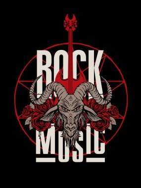 keçi başı, gitar ve gül ile rock müzik afiş