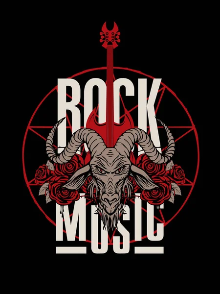 Banner de música rock con cabeza de cabra, guitarra y rosas — Vector de stock