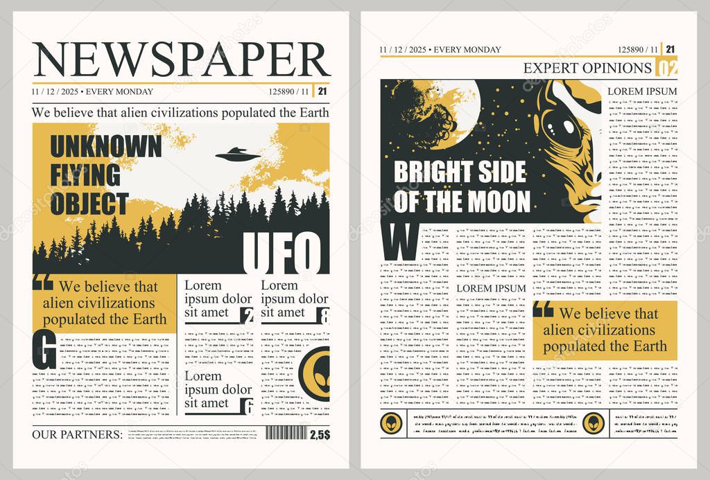 template for layout of newspaper on the UFOs theme