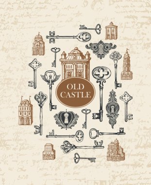 banner with vintage keys, keyholes and old house clipart