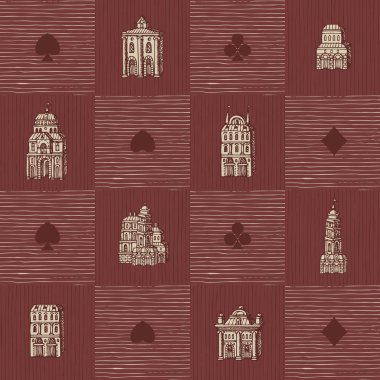 Eski el çizilmiş evler ile dikişsiz desen