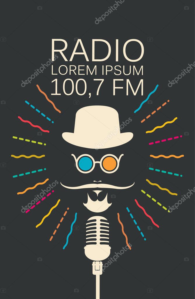 Vector icon for radio station with classic dynamic microphone and hipster face. Radio broadcasting concept. Suitable for banner, ad, poster, flyer, logo