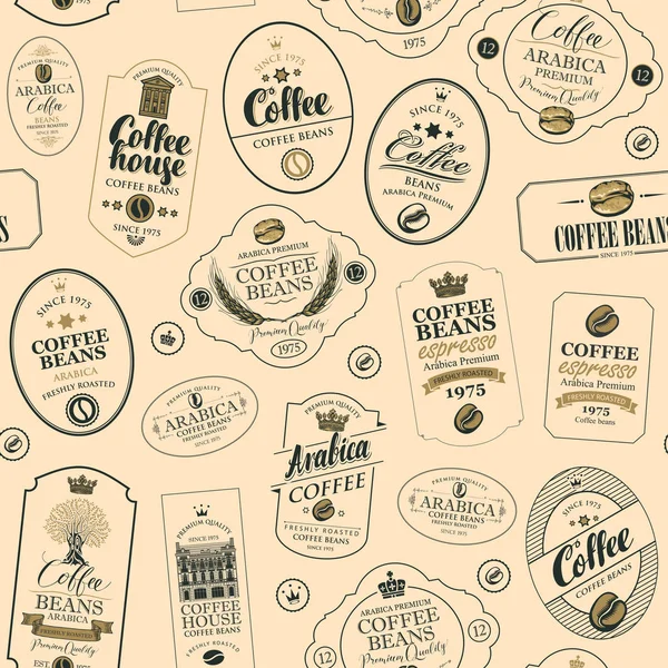 Vektör Dikişsiz desen çeşitli kahve etiketleri — Stok Vektör