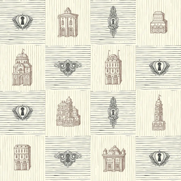Sömlöst mönster med nyckelhål och gamla byggnader — Stock vektor