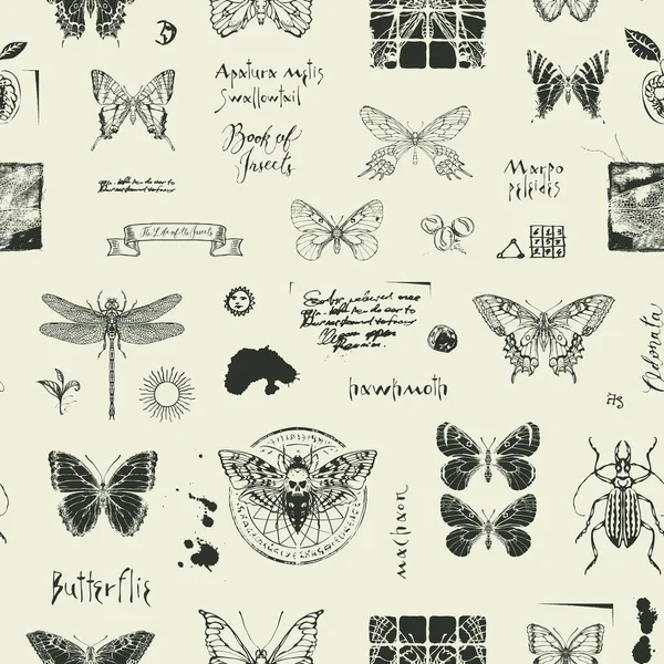 Abstracte naadloze achtergrond met insecten en Scribbles — Stockvector
