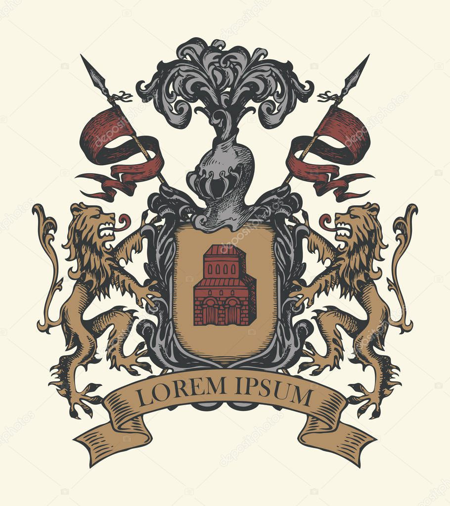 Vector heraldic Coat of arms in vintage style with shield, knightly armor, spears, helmet, lions, ribbon and castle. A medieval heraldry, emblem, sign, symbol. Hand-drawn color image.