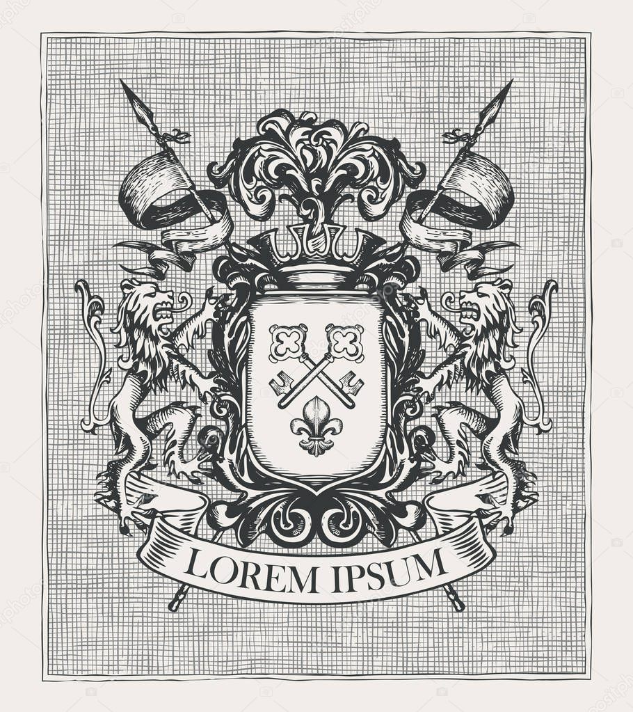 Vector heraldic Coat of arms in vintage style with knightly shield, spears, crown, lions, ribbon, keys and fleur de lis. A medieval heraldry, emblem, symbol. Hand-drawn image, engraved illustration.