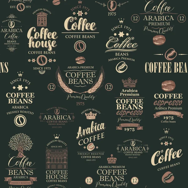 Patrón inconsútil vector con varias etiquetas de café — Archivo Imágenes Vectoriales
