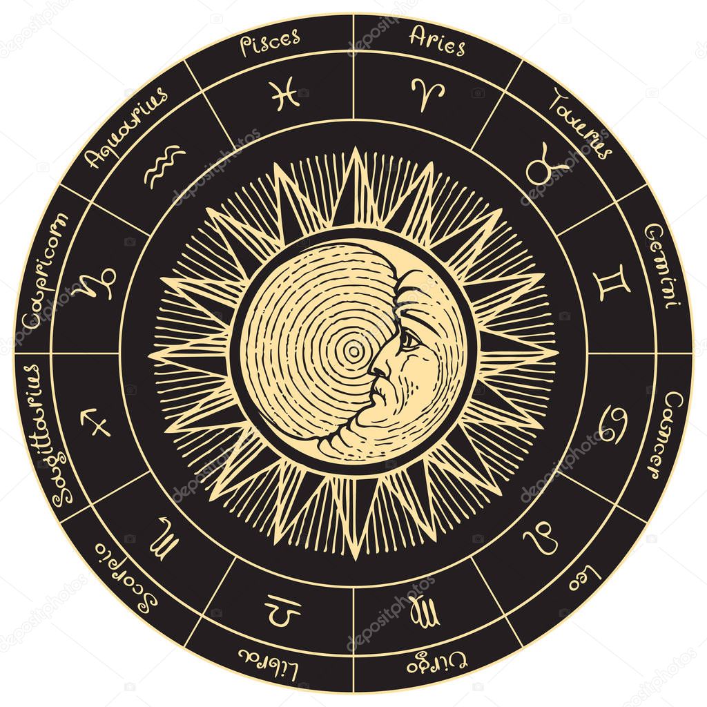 circle zodiac signs with sun and moon
