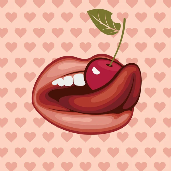 Sexy mujer labios con cereza en el fondo con corazones — Vector de stock