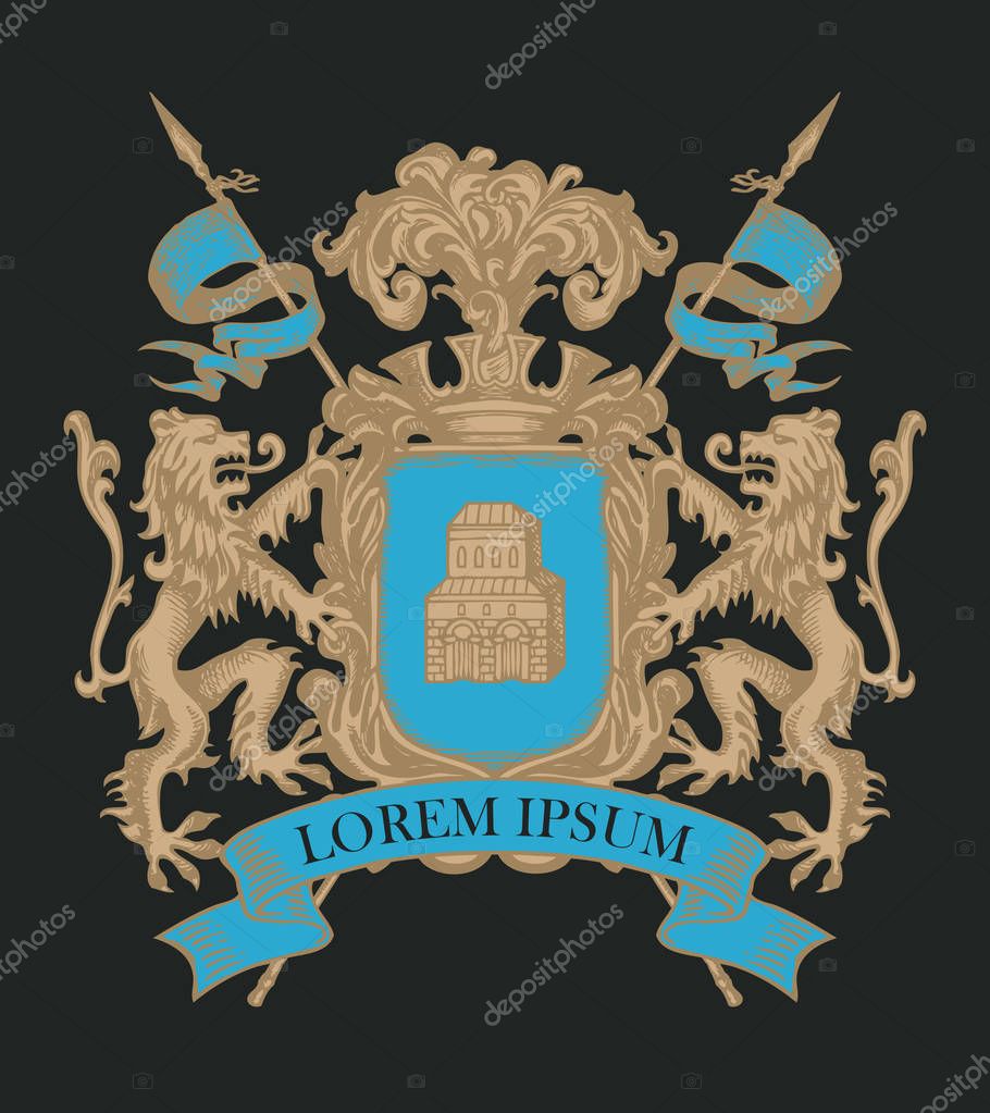 Vector heraldic Coat of arms in vintage style with knightly shield, armor, spears, crown, lions, ribbon and castle. Medieval heraldry, emblem, sign, symbol. Hand-drawn color image on black background.