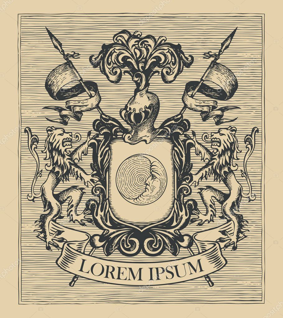 Vector heraldic Coat of arms in vintage style with shield, knightly armor, spears, helmet, lions, ribbon and moon. A medieval heraldry, emblem, sign, symbol. Hand-drawn image, engraved illustration.