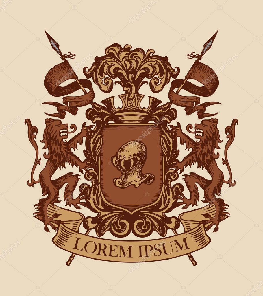 Vector heraldic Coat of arms in vintage style with shield, knightly armor, spears, crown, lions, ribbon and helmet. A medieval heraldry, emblem, sign, symbol. Hand-drawn image.