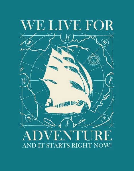 Yelkenli gemi ve eski harita ile retro seyahat afiş — Stok Vektör