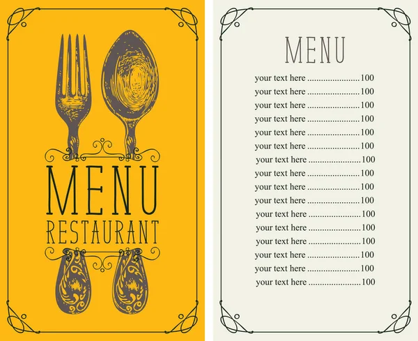 Restaurangmeny med prislista, realistisk gaffel och sked — Stock vektor
