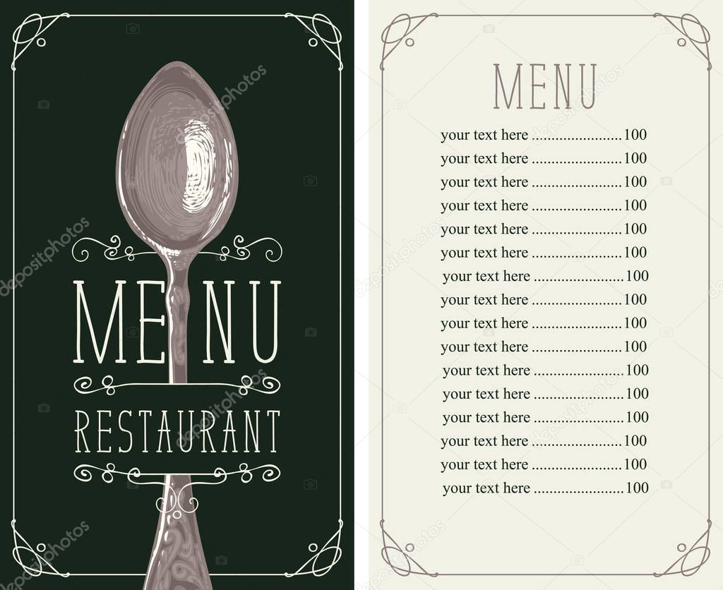 restaurant menu with price list and realistic spoon