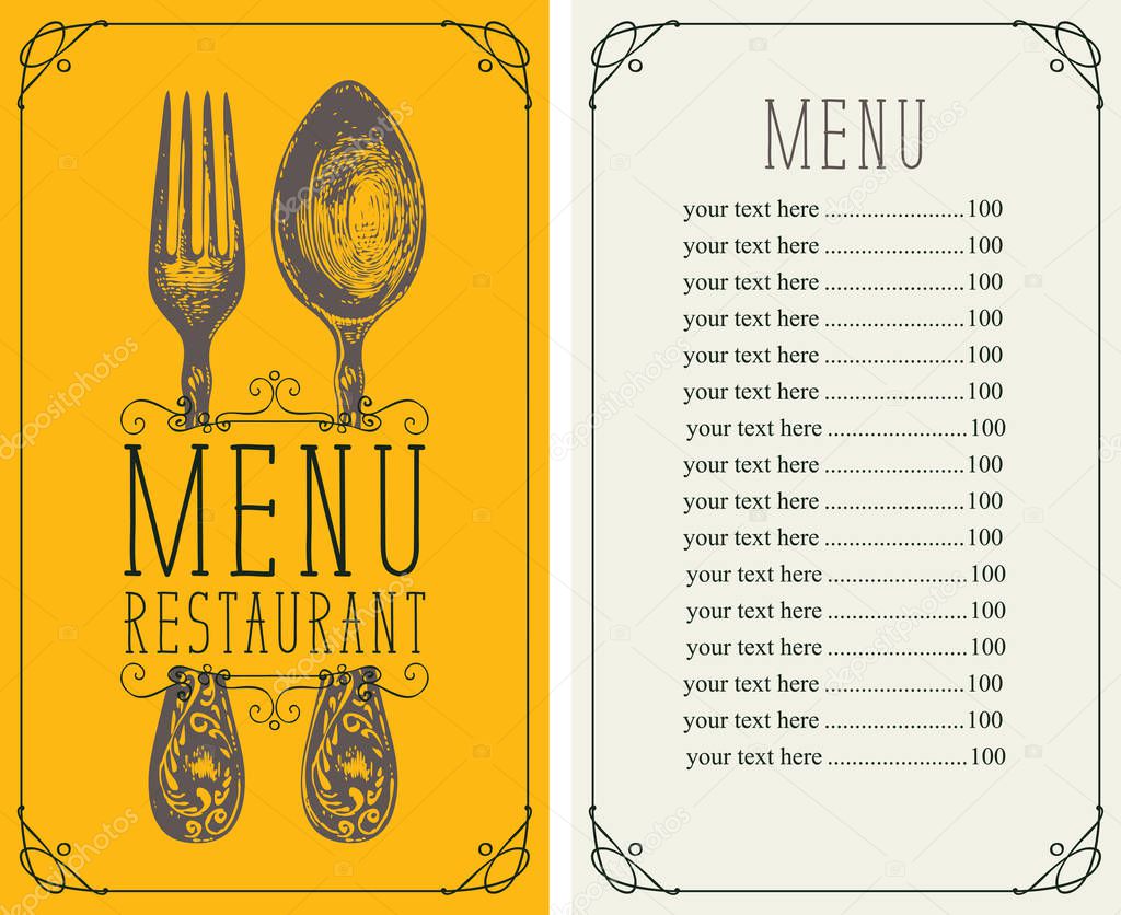 restaurant menu with price list, realistic fork and spoon