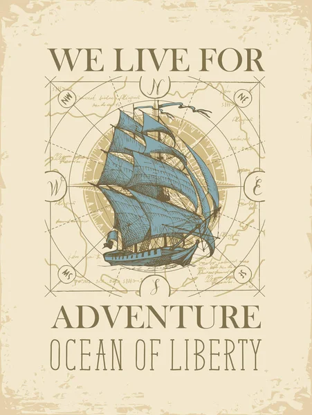 Banner de viaje retro con velero, mapa viejo y rosa de viento — Vector de stock