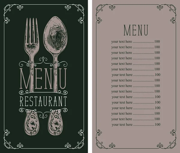 Меню ресторана с прайс-листом, реалистичной вилкой и ложкой — стоковый вектор