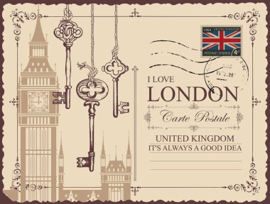 Big Ben ve eski tuşları ile Vintage kartpostal