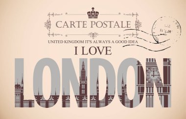 Ben Londra seviyorum kelimeleri ile Vektör vintage kartpostal