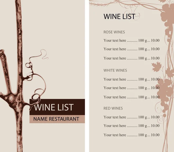 Carte des vins avec une branche de raisin et liste des prix — Image vectorielle