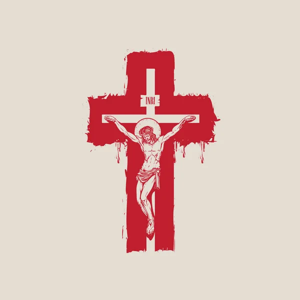 Crucified Jesus Christ on the cross, a religious symbol — 스톡 벡터