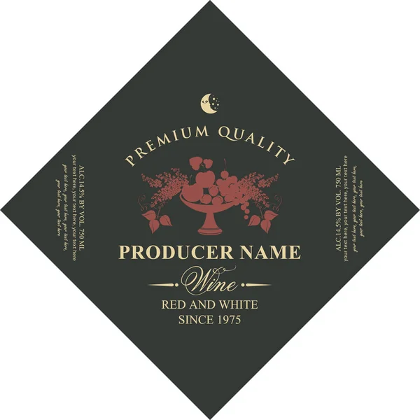 Etiqueta de vino en forma de diamante con tazón de fruta — Vector de stock