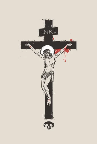 Crucified Jesus Christ on the cross, a religious symbol — 스톡 벡터