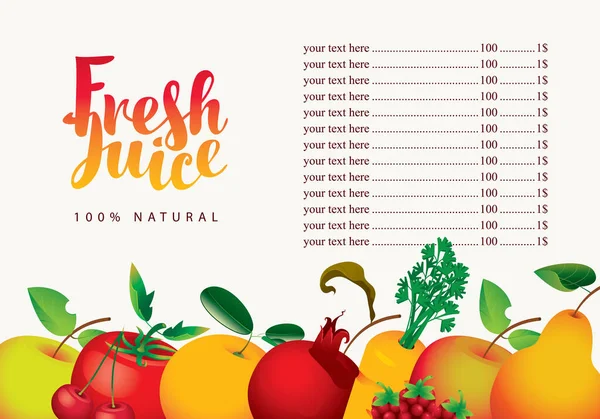 Speisekarte für Saft und frischen Saft aus verschiedenen Früchten — Stockvektor