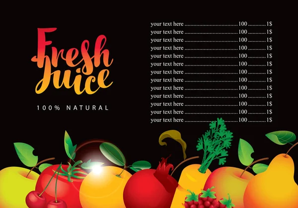 各种水果的果汁和新鲜果汁菜单 — 图库矢量图片