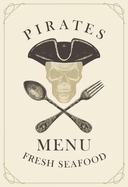 Menu with pirate skull with a spoon and fork — Stock Vector