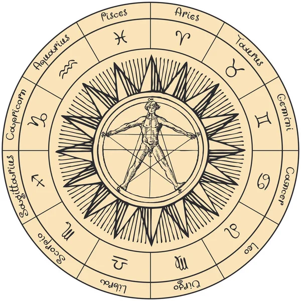 Cercle signes du zodiaque avec le soleil et la figure humaine — Image vectorielle