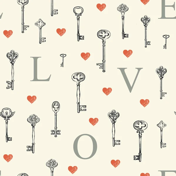 Seamless pattern on theme of love with old keys — Stock Vector