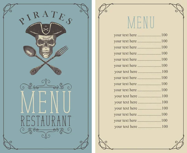 Menú con cráneo de pirata con una cuchara y tenedor — Vector de stock