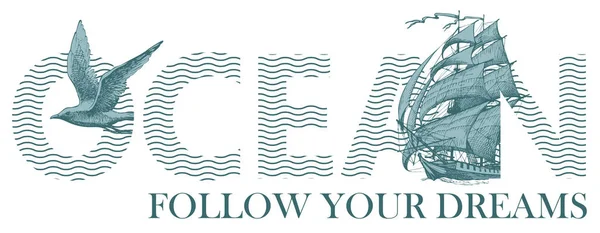 Lettrage Océan avec voilier et mouette — Image vectorielle