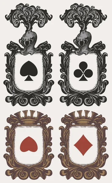 Conjunto de escudo de armas heráldico con palos de cartas — Vector de stock