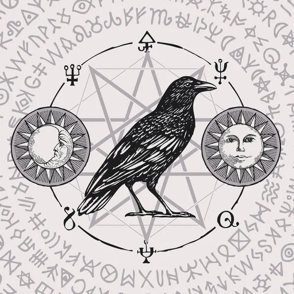 关于巫术主题的横幅与明智的黑色乌鸦老式风格 在星星 月亮和笔迹的背景上以魔法般的乌鸦为背景的矢量图解 模仿魔法符号 — 图库矢量图片